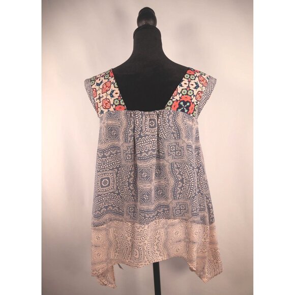 Knox Rose Boho Chic Sleeveless Blouse - Blue & Beige Pattern Floral Size XS - Picture 2 of 11